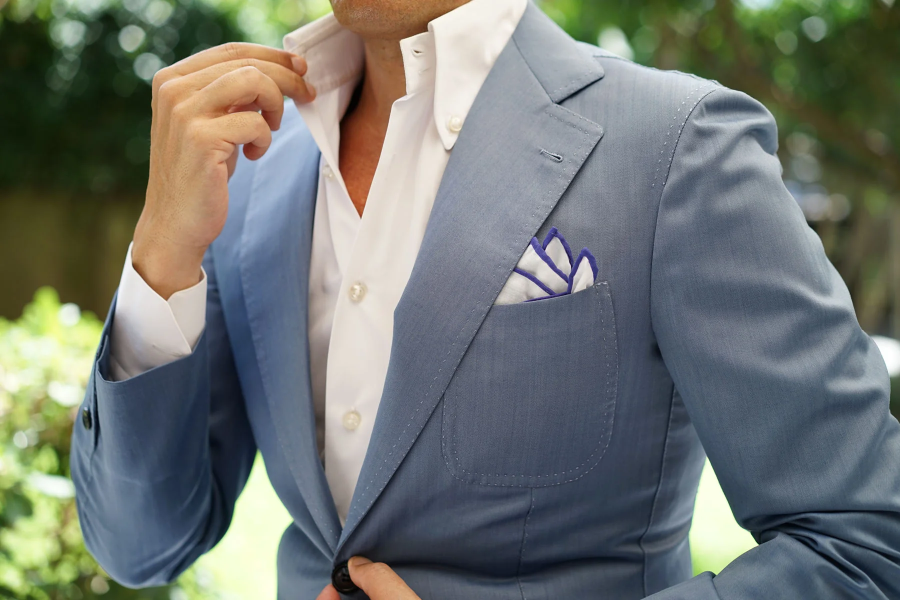 White Cotton Pocket Square with Purple Border - Image 8