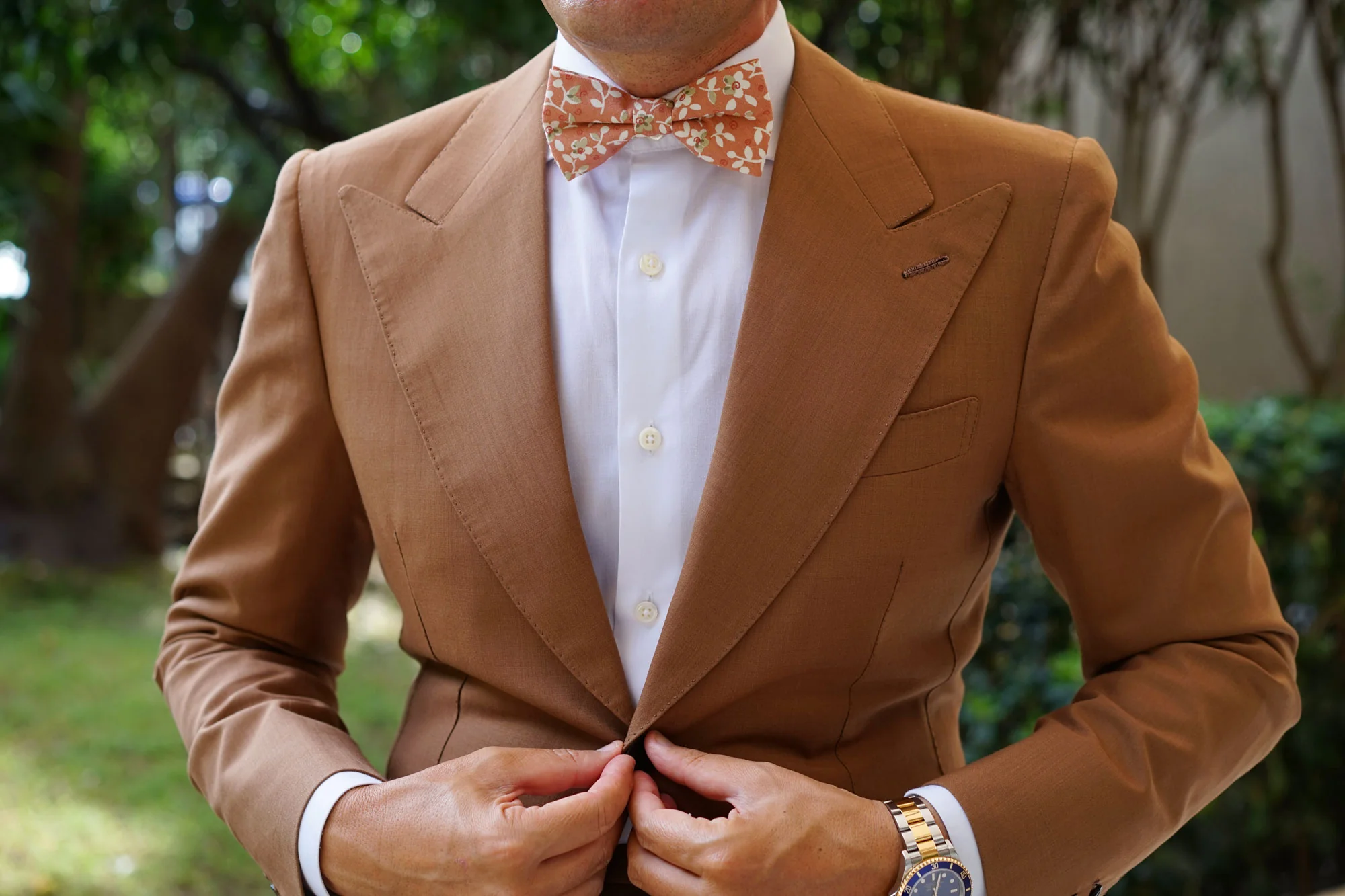 White Orchid Dusty Orange Floral Bow Tie - Image 5