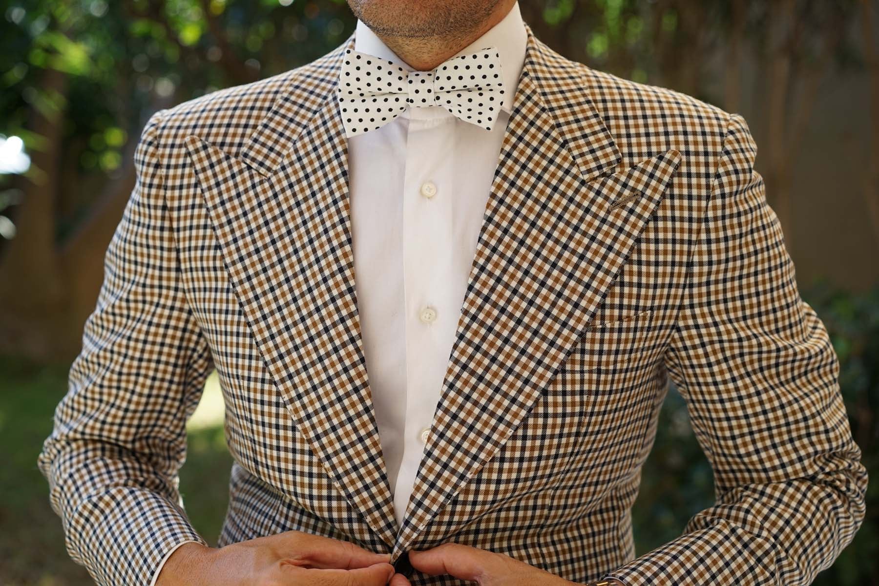 White with Black Polkadot Cotton Bow Tie - Image 3