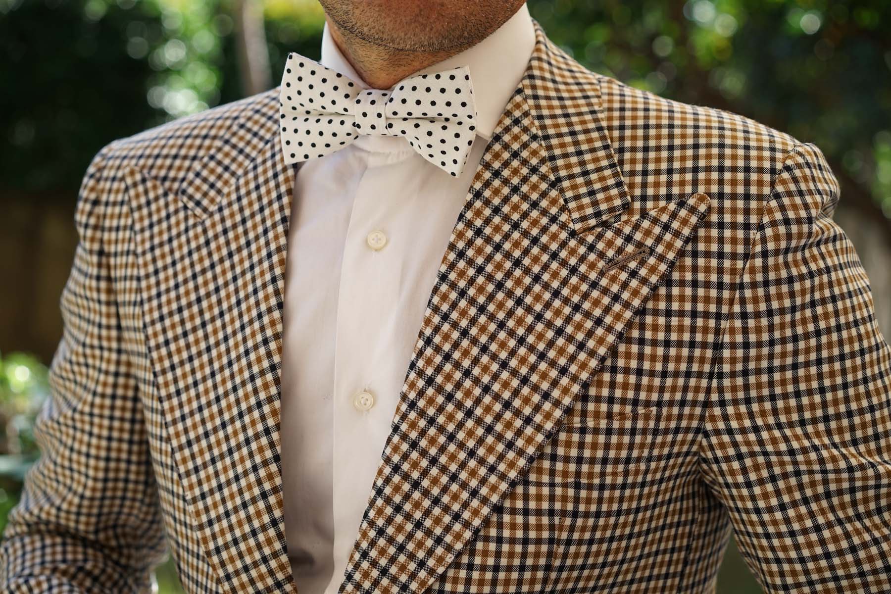 White with Black Polkadot Cotton Bow Tie - Image 6