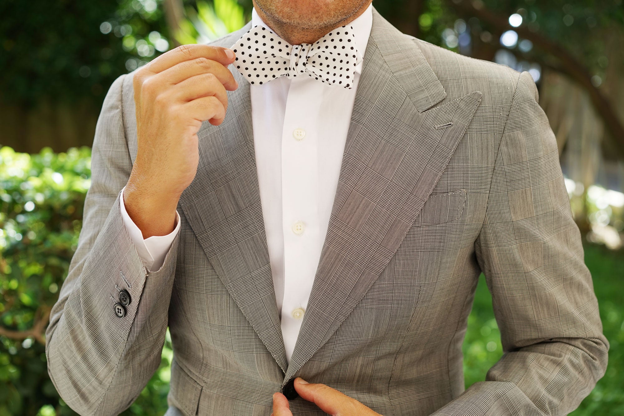White with Black Polkadot Cotton Diamond Self Bow Tie - Image 7