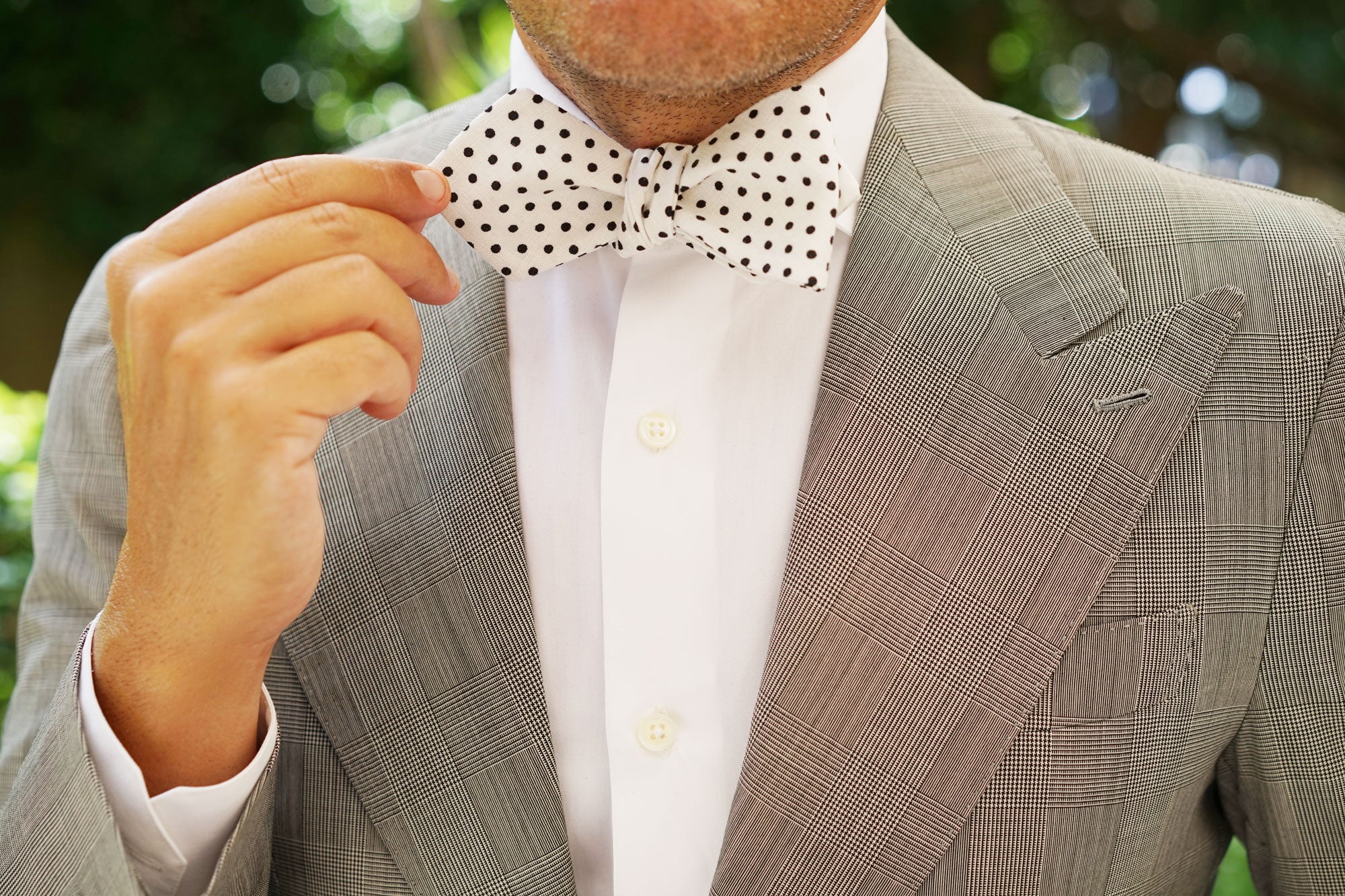 White with Black Polkadot Cotton Diamond Self Bow Tie - Image 8