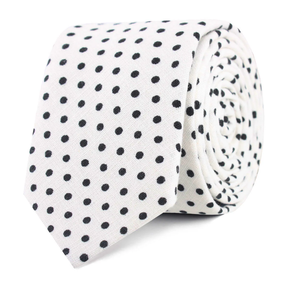 White with Black Polkadot Cotton Skinny Tie - Image 2