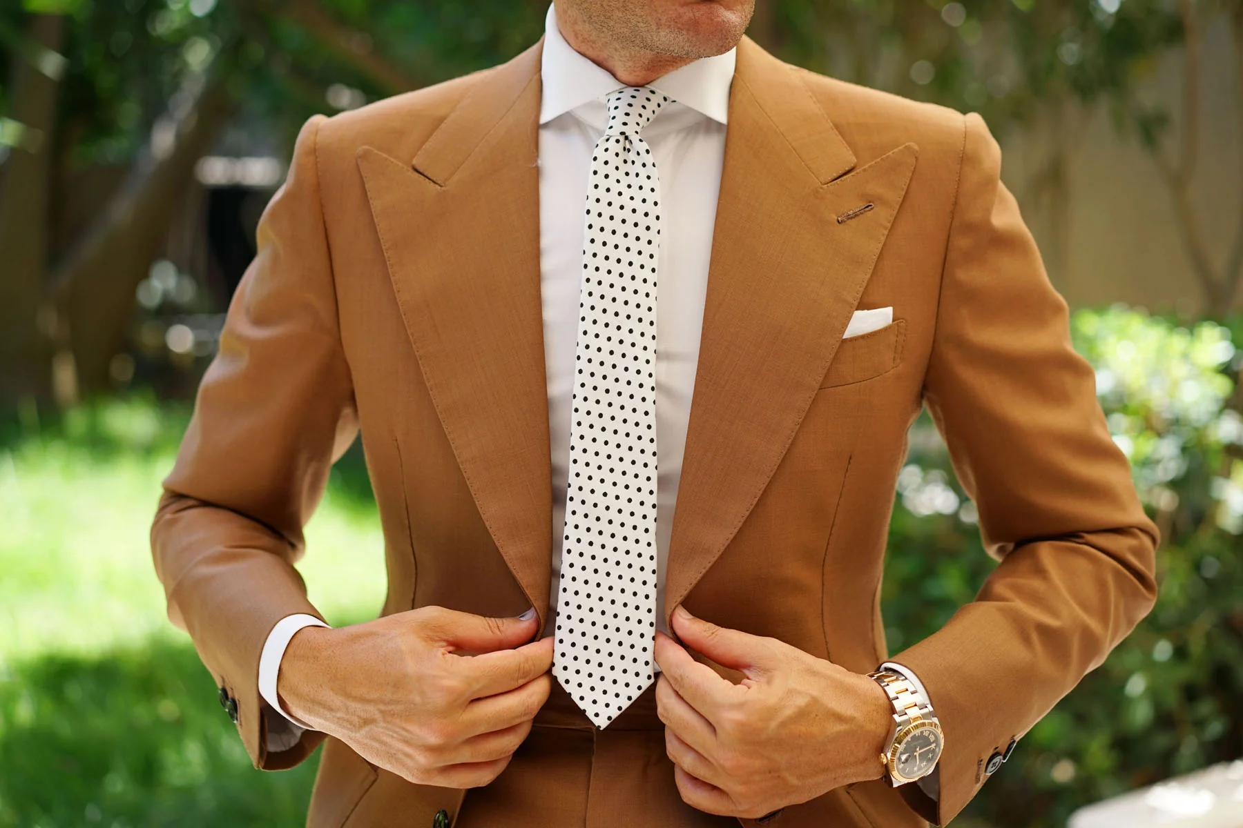 White with Black Polkadot Cotton Skinny Tie - Image 4