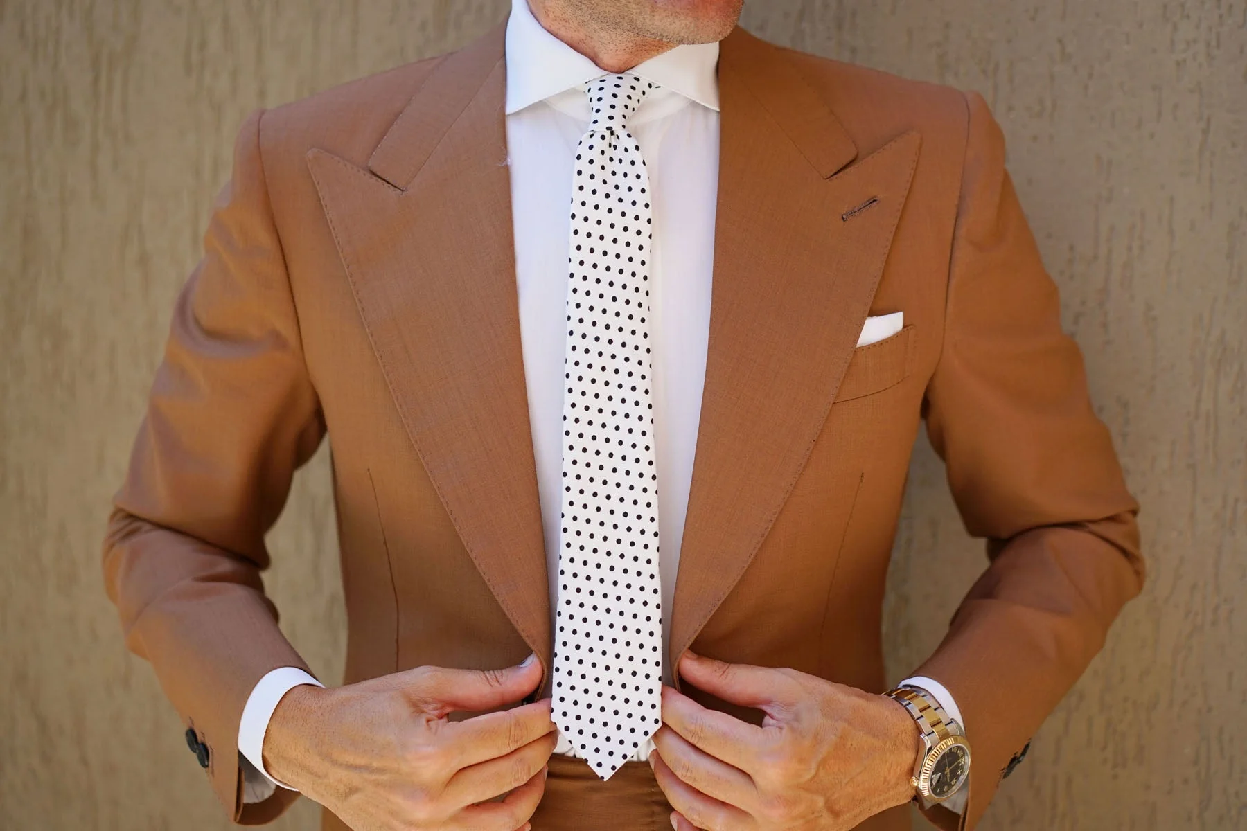 White with Black Polkadot Cotton Skinny Tie - Image 6