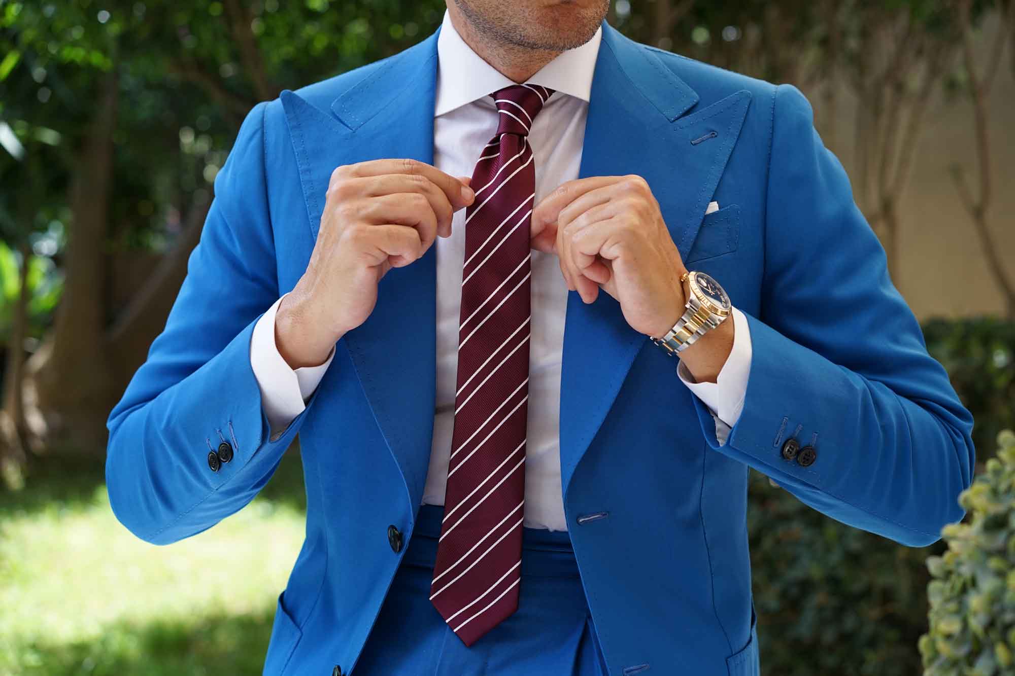 Wine Burgundy Double Stripe Skinny Tie - Image 6