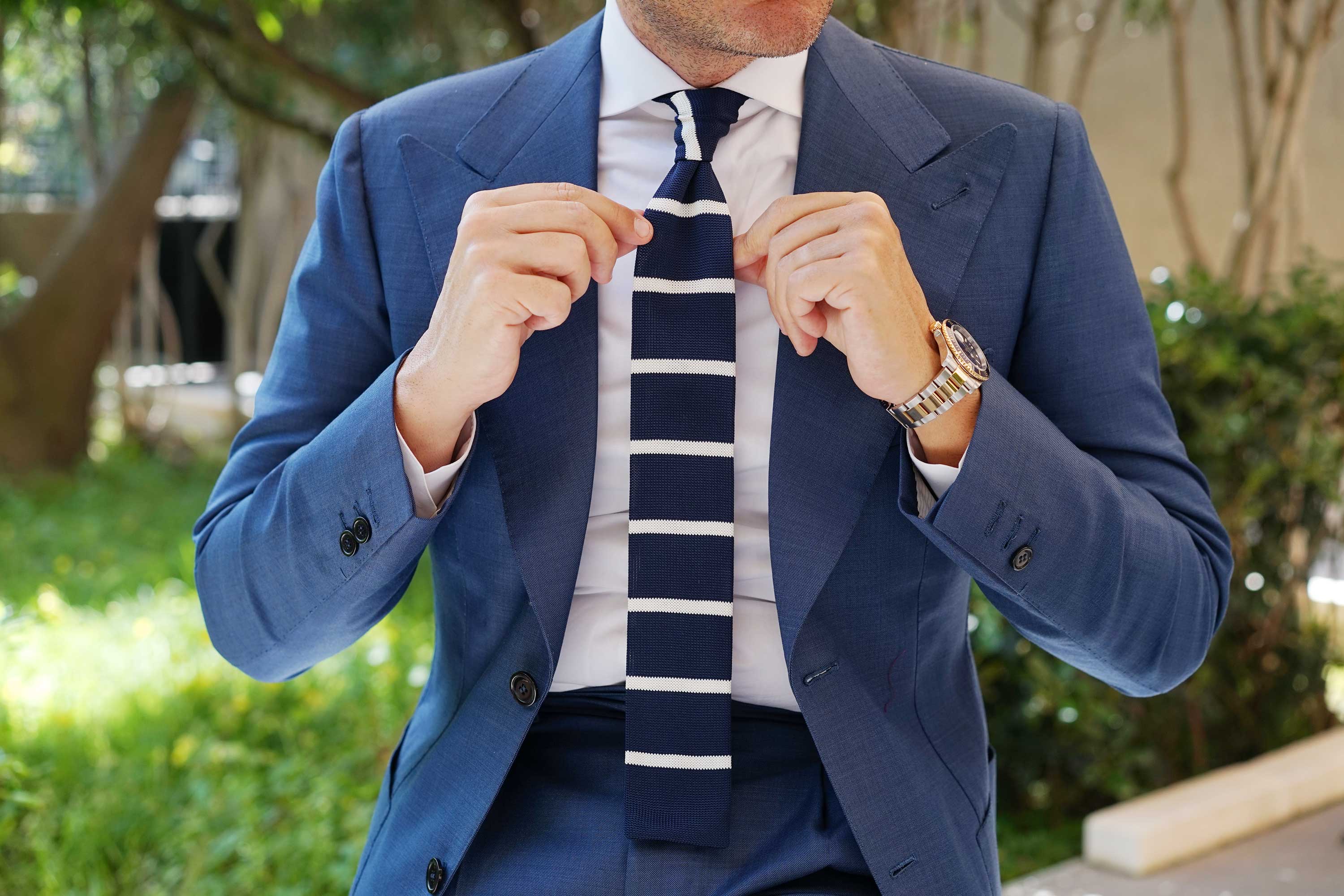Winston Wolfe Navy Blue Striped Knitted Tie - Image 3