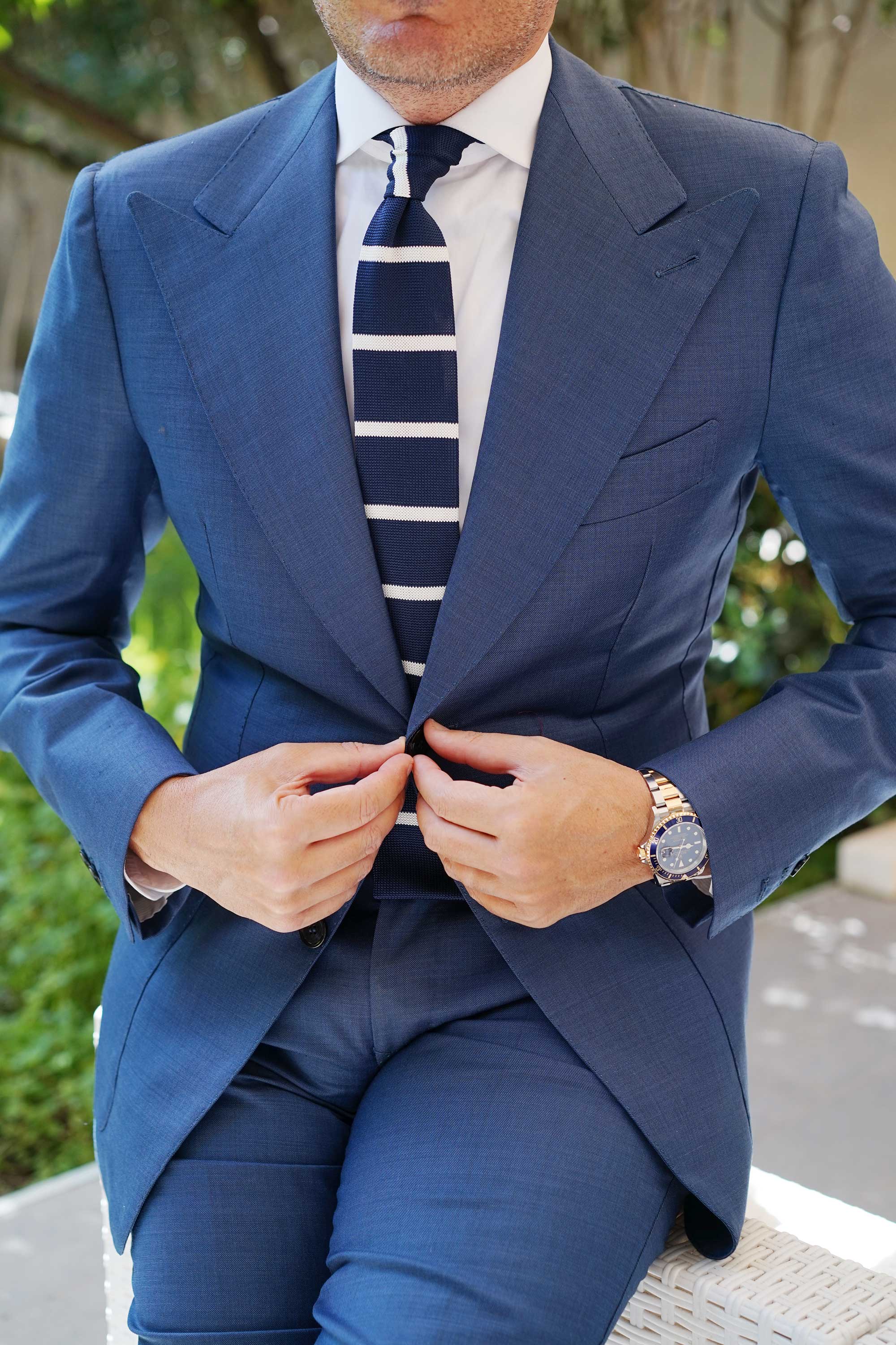 Winston Wolfe Navy Blue Striped Knitted Tie - Image 4