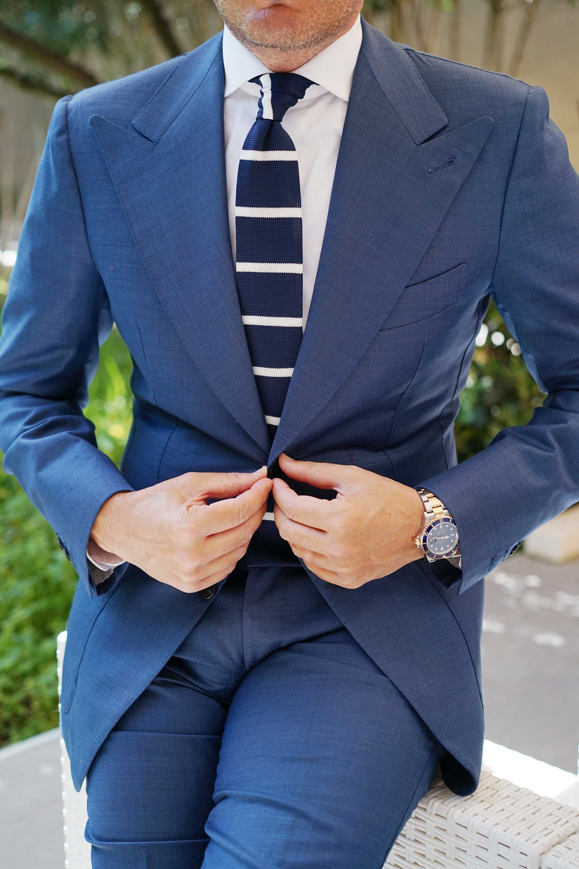 Winston Wolfe Navy Blue Striped Knitted Tie - Image 7