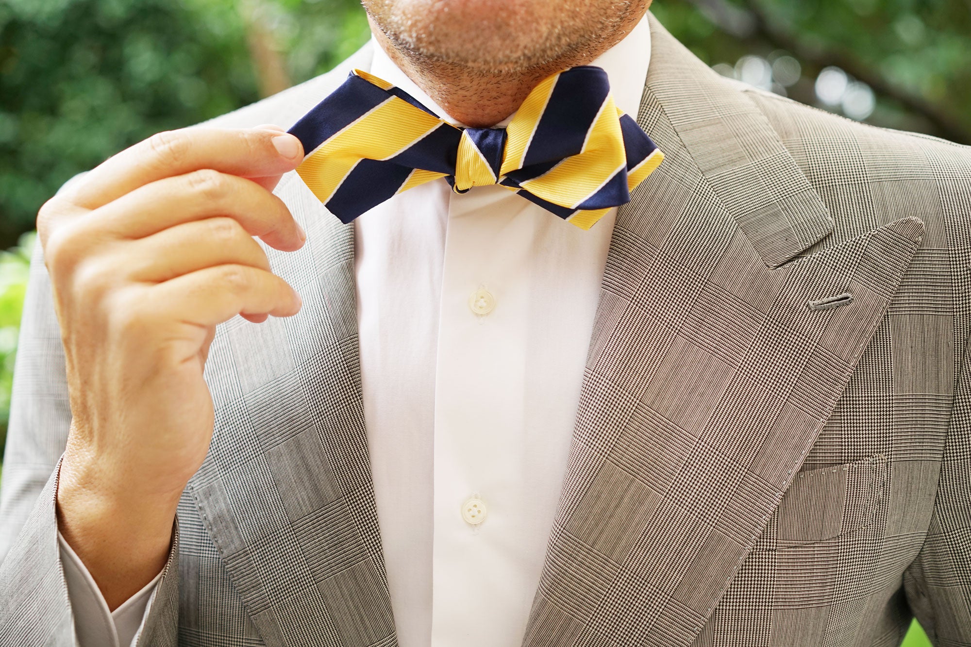 Yellow and Navy Blue Striped Self Tie Diamond Tip Bow Tie - Image 9