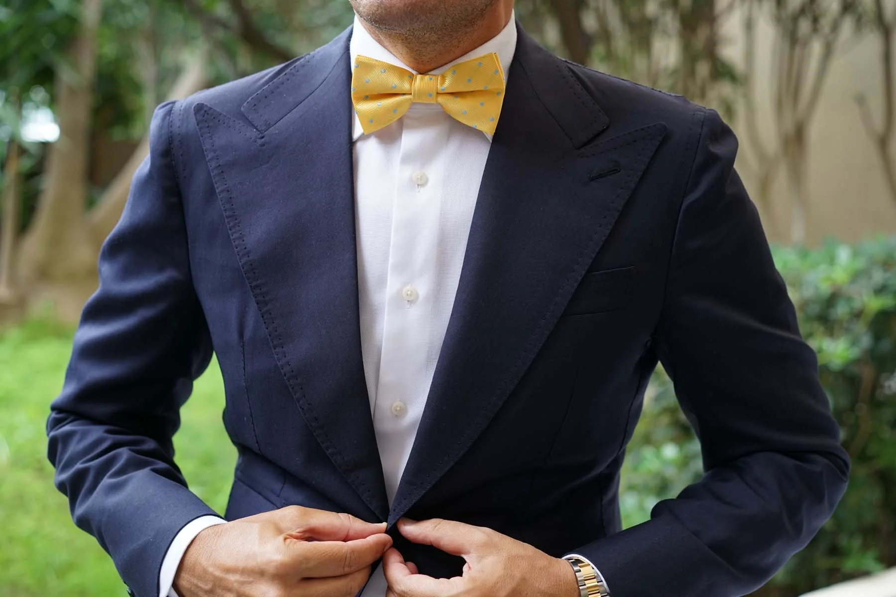 Yellow on Blue Pin Dots Bow Tie - Image 6