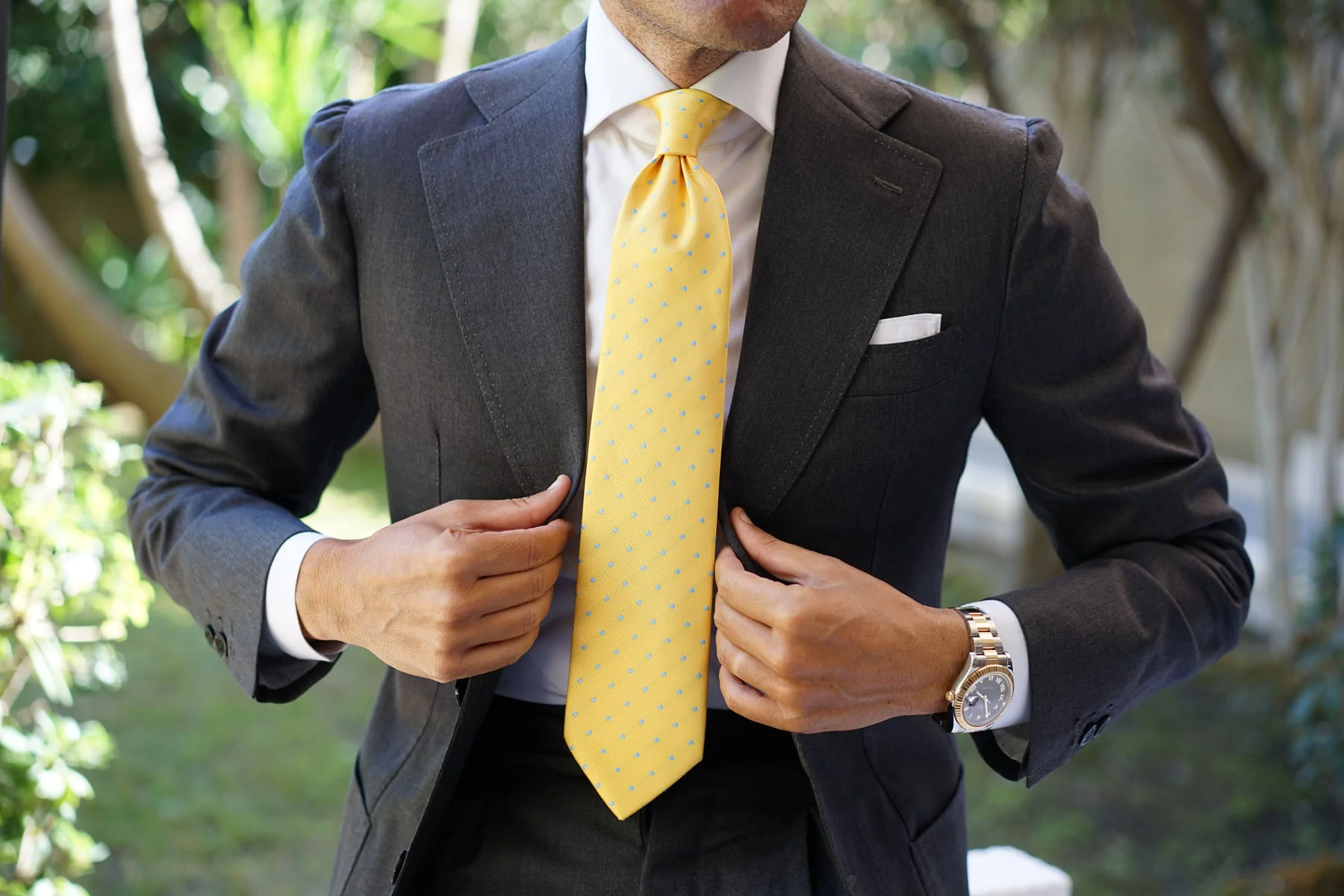 Yellow on Blue Pin Dots Tie - Image 4