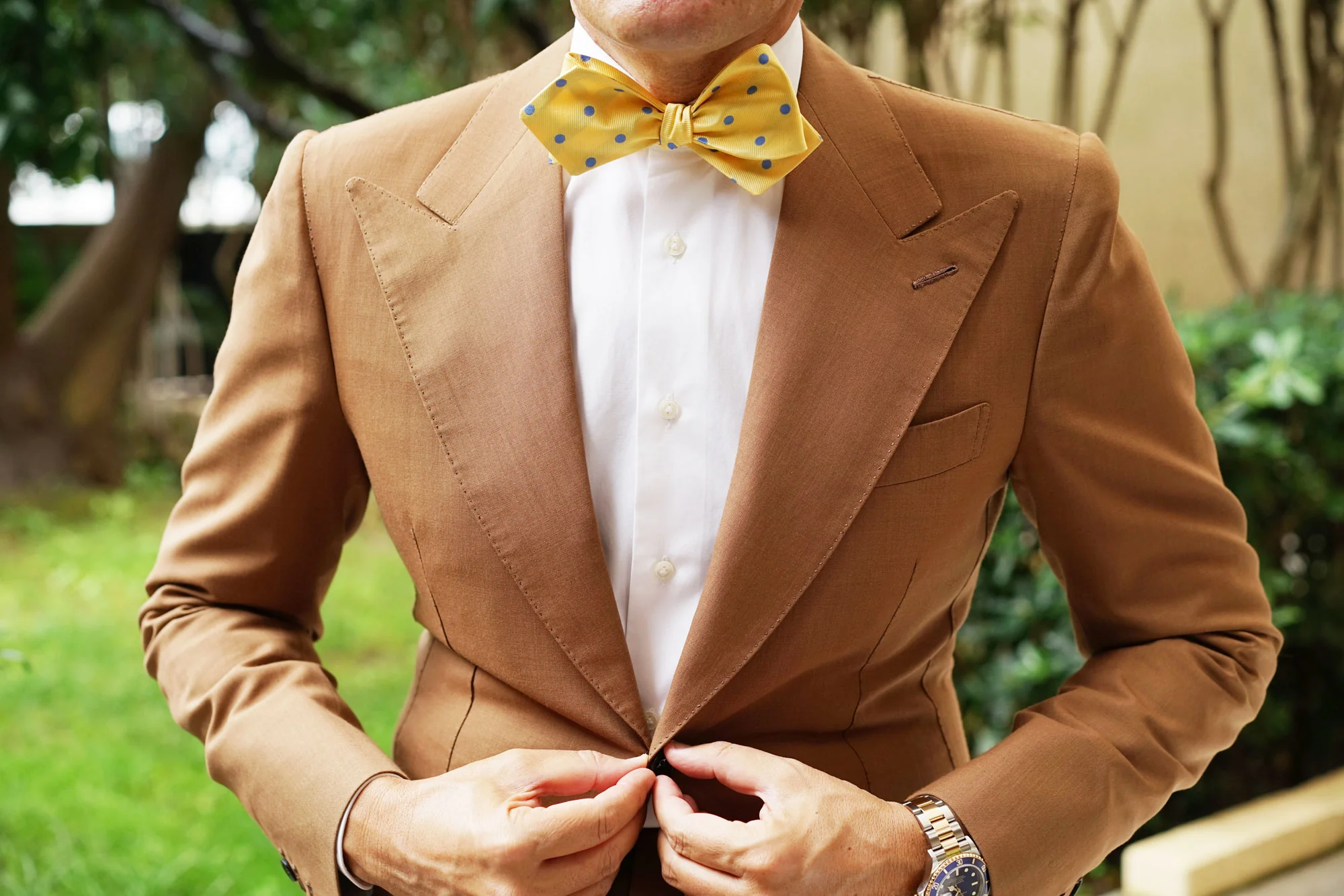 Yellow with Light Blue Polka Dots Self Tie Diamond Tip Bow Tie - Image 8