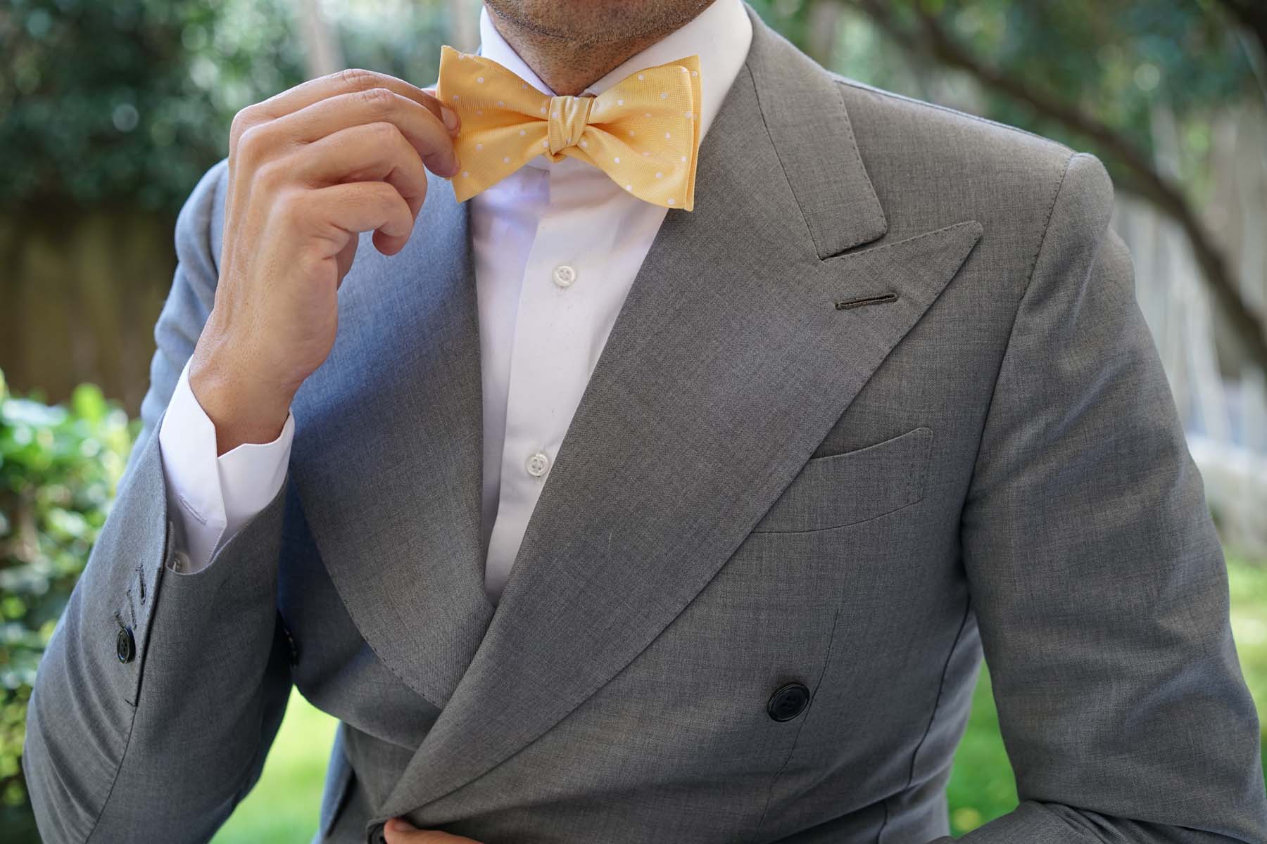 Yellow with White Polka Dots Self Tie Bow Tie - Image 6
