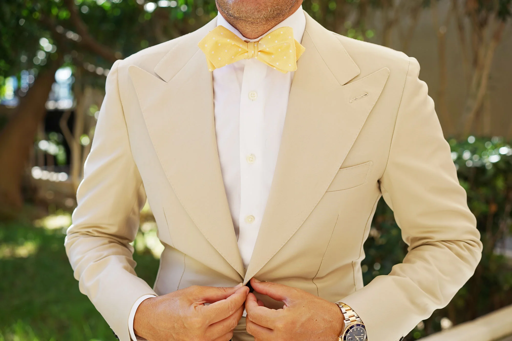 Yellow with White Polka Dots Self Tie Diamond Tip Bow Tie - Image 6