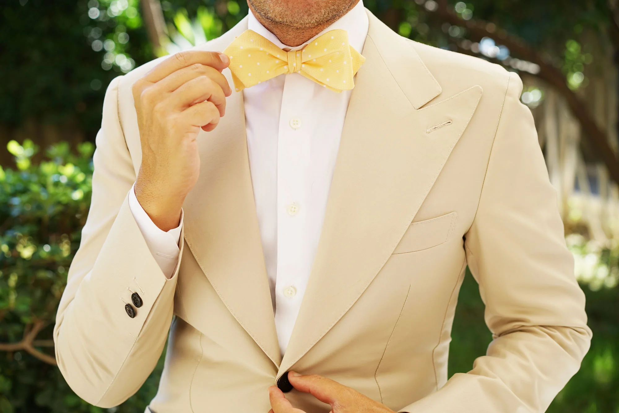 Yellow with White Polka Dots Self Tie Diamond Tip Bow Tie - Image 8