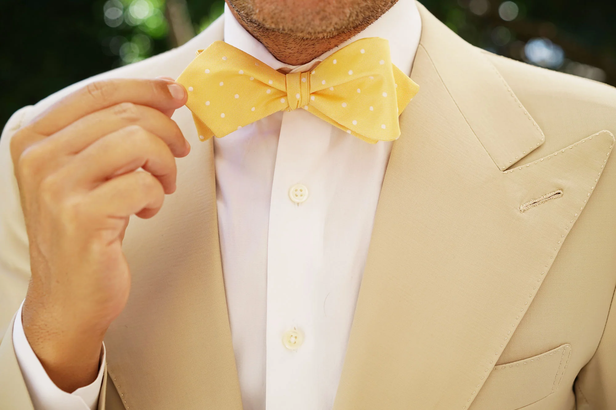 Yellow with White Polka Dots Self Tie Diamond Tip Bow Tie - Image 9